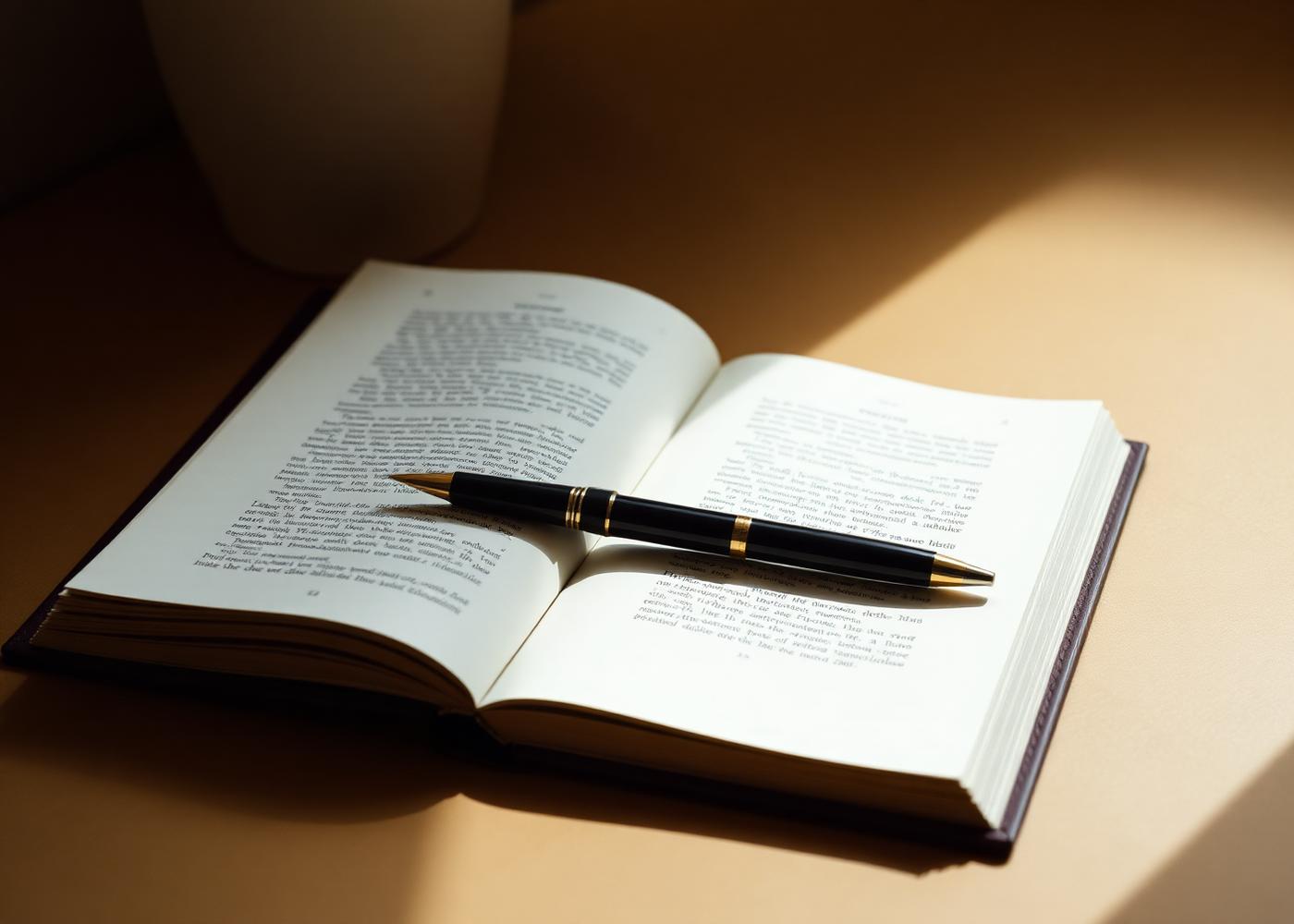 An open book with a pen resting on it in warm natural light